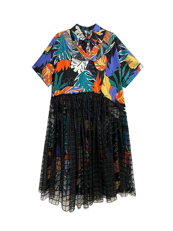 A-Line Loose Buttoned Hollow Mesh Printed Split-Joint Lapel Midi Dresses Product Image