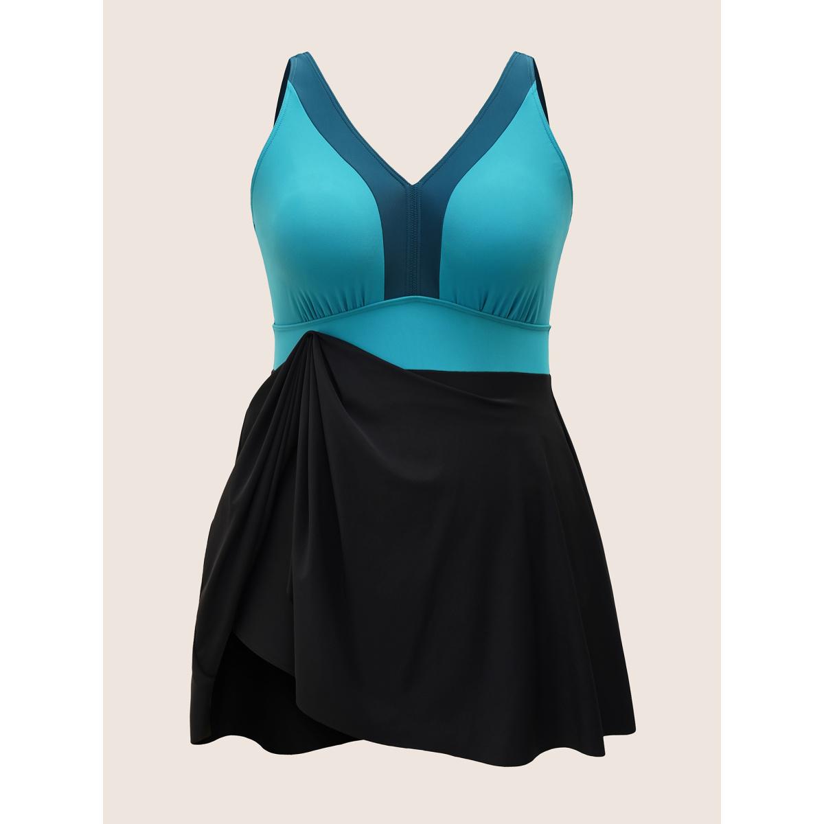 Plus Size V Neck Patchwork Contrast Gathered Swim Dress Women's Swimwear Emerald Beach Bodycon V-neck High stretch Curve Swim Dresses BloomChic 26/4X Product Image