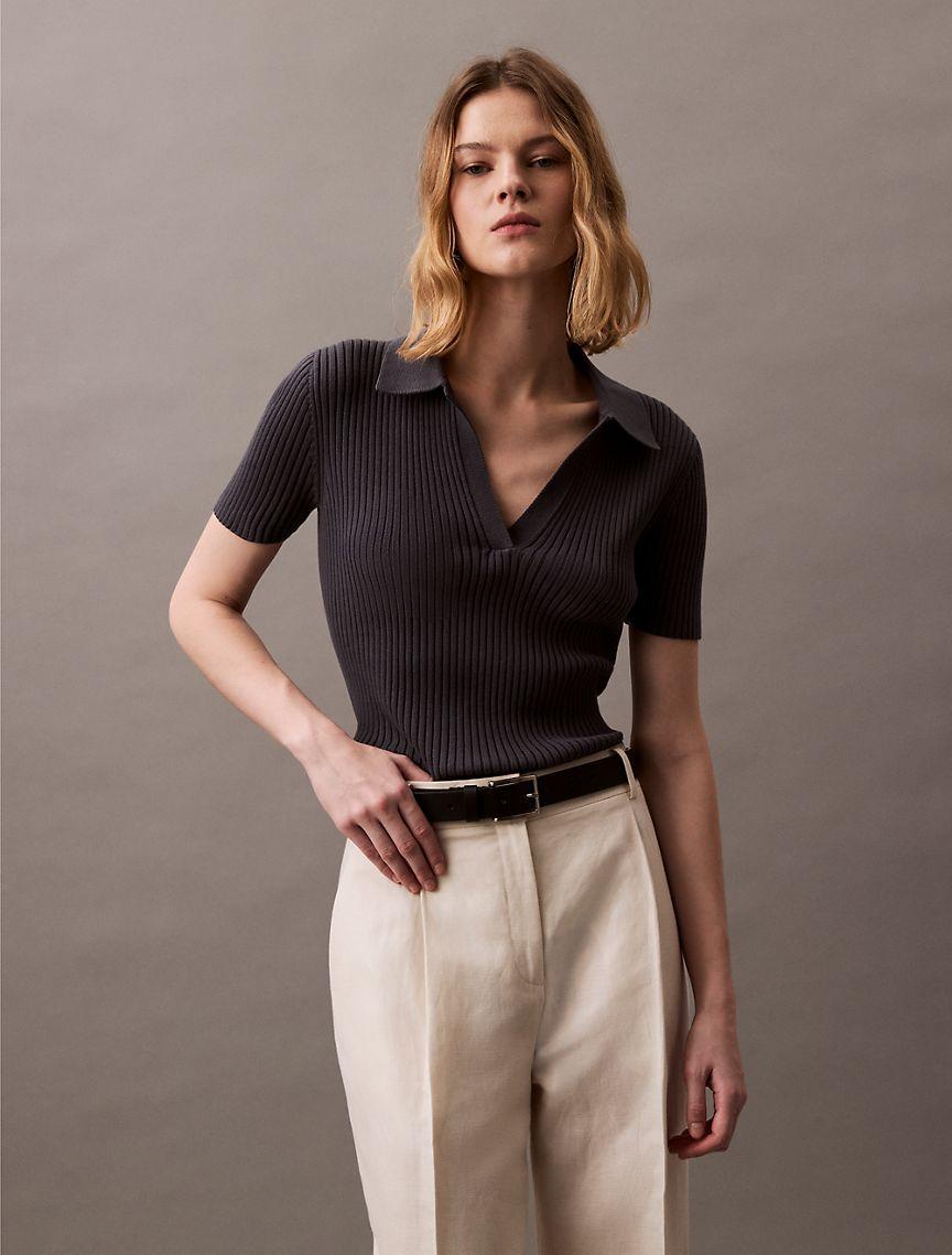 Smooth Cotton Rib Sweater Polo Shirt Product Image