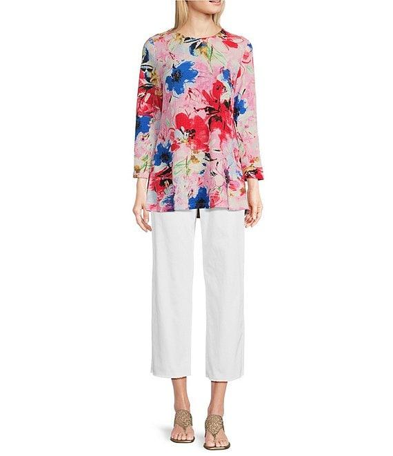 Calessa Petite Size Stretch Knit Floral Crew Neck Bracelet Sleeve Tunic Product Image