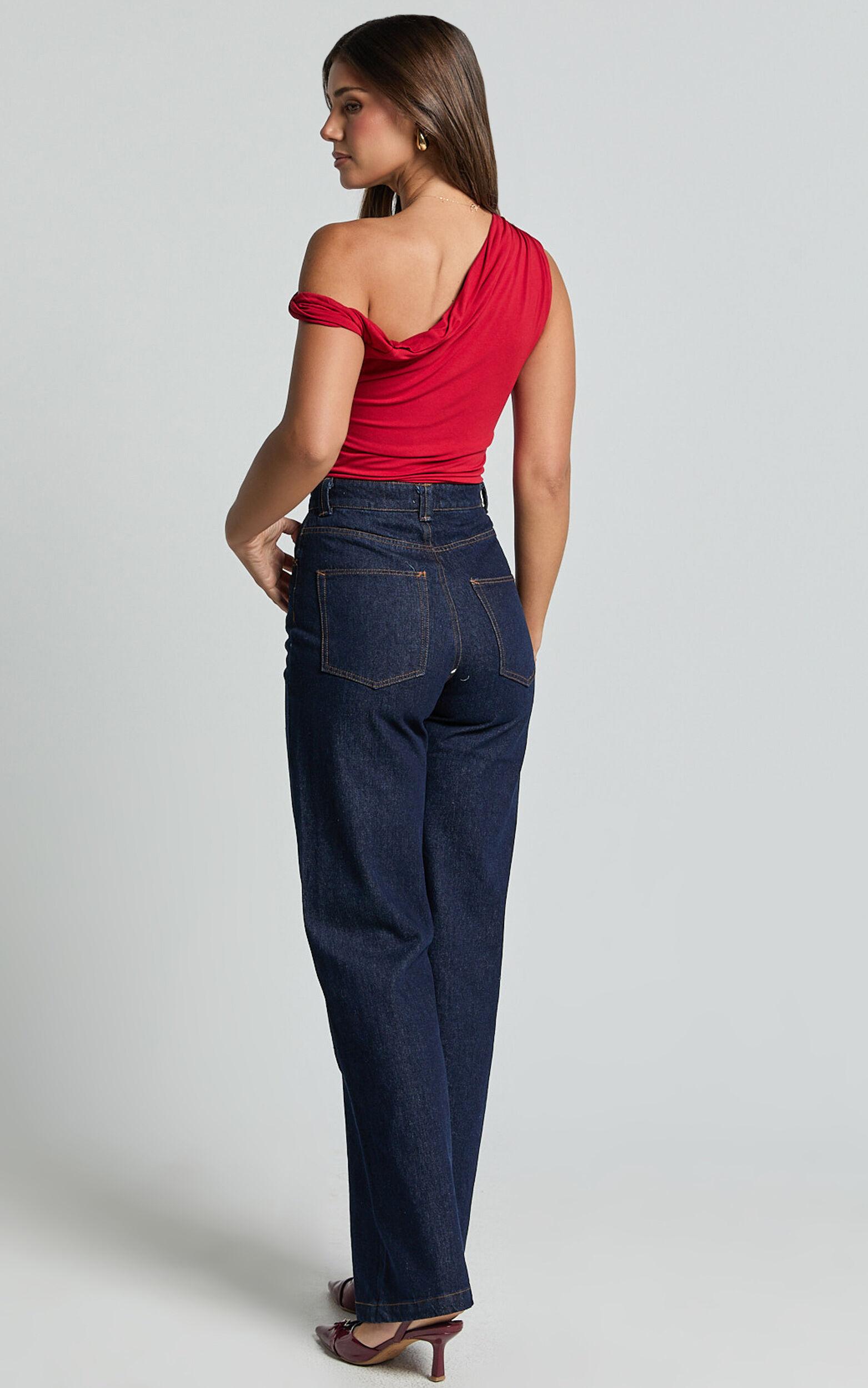 Jialeen Top - Off Shoulder Twist Asymmetrical Sleeve Top in Red Product Image