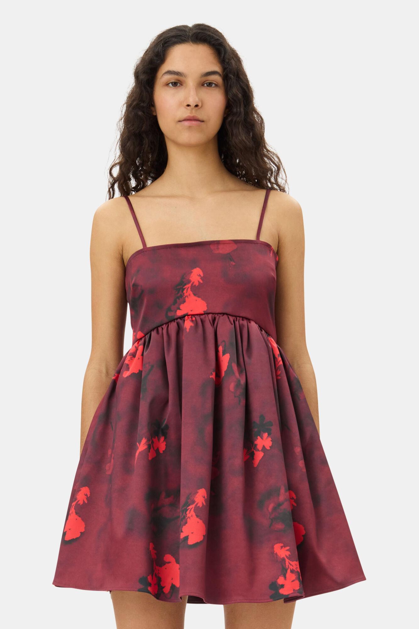 Red Floral Print Satin Strap Mini Dress Product Image