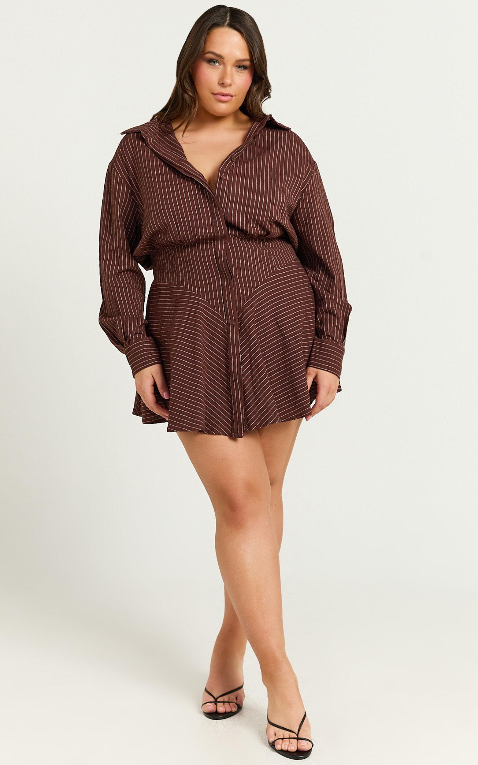 Whitney Mini Dress - Linen Long Sleeve Shirt Dress in Chocolate Pinstripe Product Image