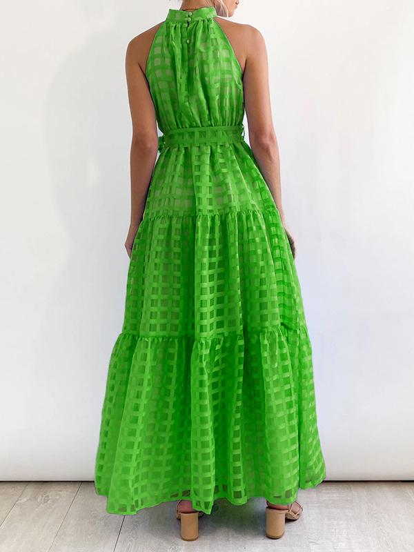 Loose Sleeveless Plaid Ribbed Stand Collar Maxi Dresses Product Image