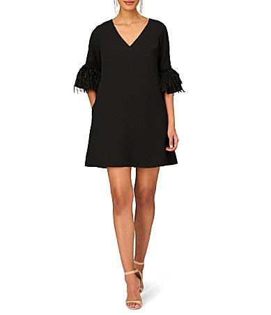 Aidan Mattox V-Neck 34 Sleeve Feather Trim Trapeze Dress Product Image