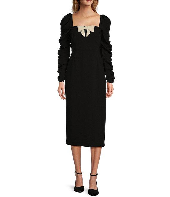 Antonio Melani Elena Crepe Square Neck Long Ruched Sleeve Pearl Bow Midi Dress Product Image