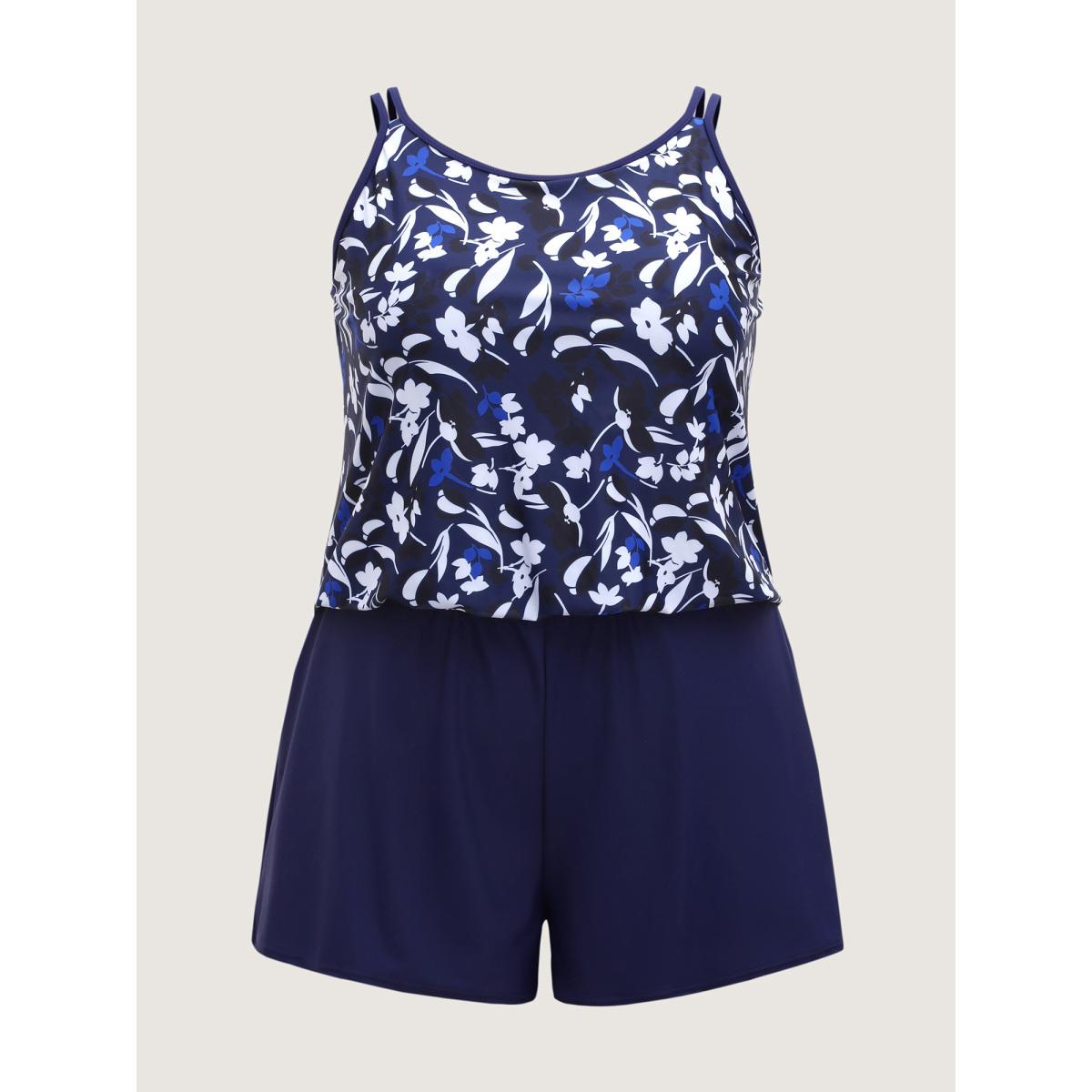 Plus Size Floral Contrast One-Piece Swimsuit Women's Swimwear Indigo Resort Curve Bathing Suits High stretch One Pieces BloomChic 10/M Product Image