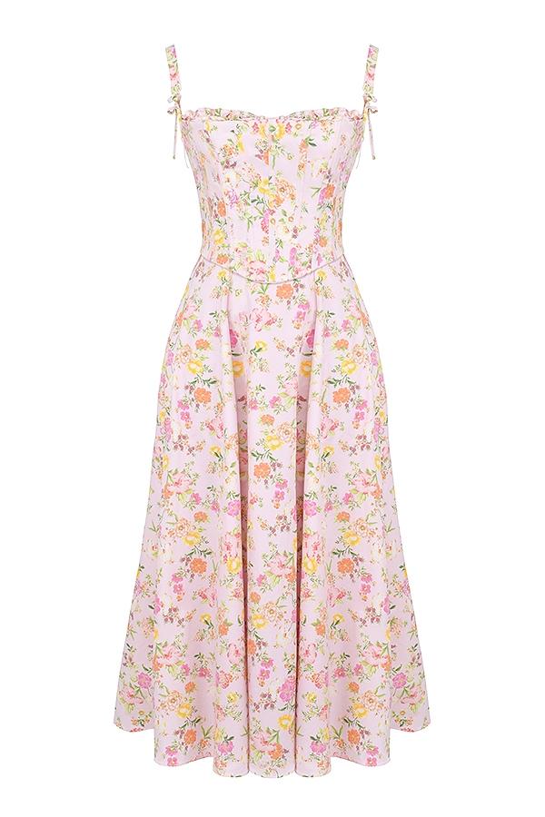 Clarabelle  pink meadow print cotton midi sundress Product Image