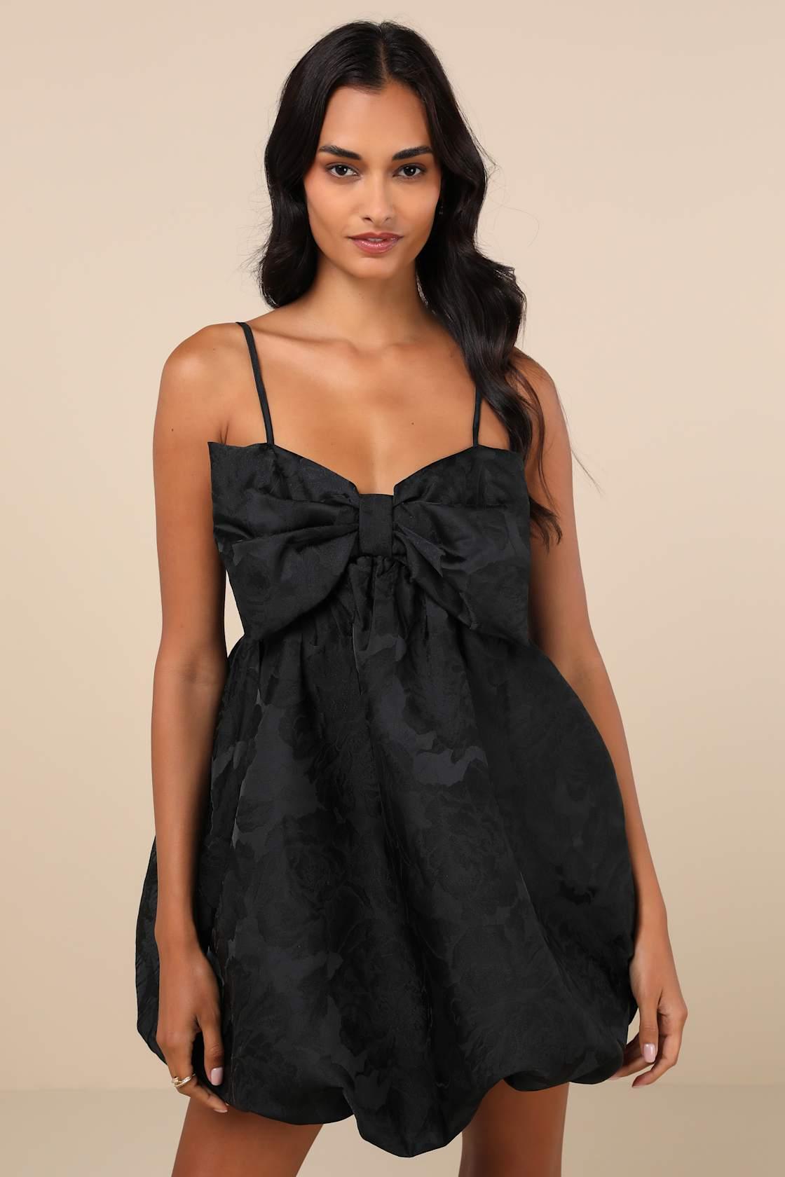 Coquettish Charm Black Bubble-Hem Bow Mini Dress With Pockets Product Image