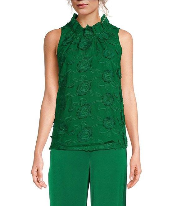 Abbey Glass Barbara Ruffle Mock Neck 3D Floral Detail Sleeveless Top Product Image