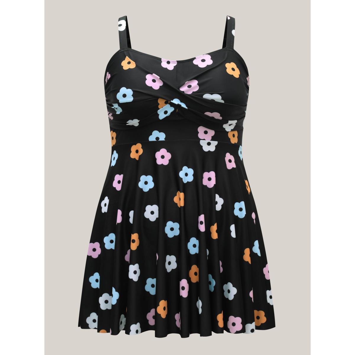 Plus Size Twist Front Floral Print Flared Swim Dress Women's Swimwear Black Resort Bodycon U-neck High stretch Curve Swim Dresses BloomChic 14-16/1X Product Image