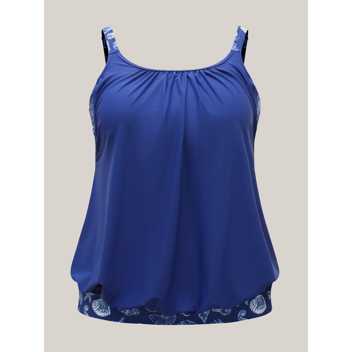 Plus Size Marine Print Cut-Out Pleated Swim Top Women's Swimwear Indigo Beach Cut-Out High stretch Bodycon U-neck Curve Swim Tops BloomChic 14-16/1X Product Image