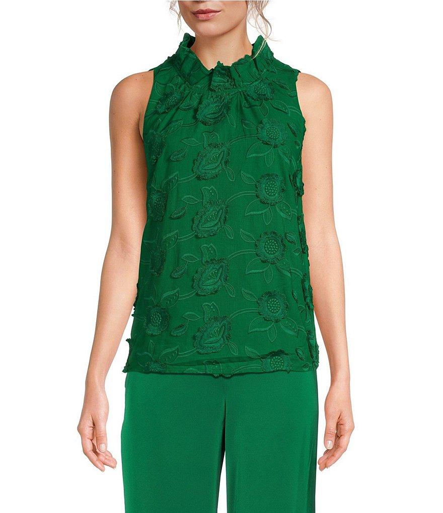 Abbey Glass Barbara Ruffle Mock Neck 3D Floral Detail Sleeveless Top Product Image