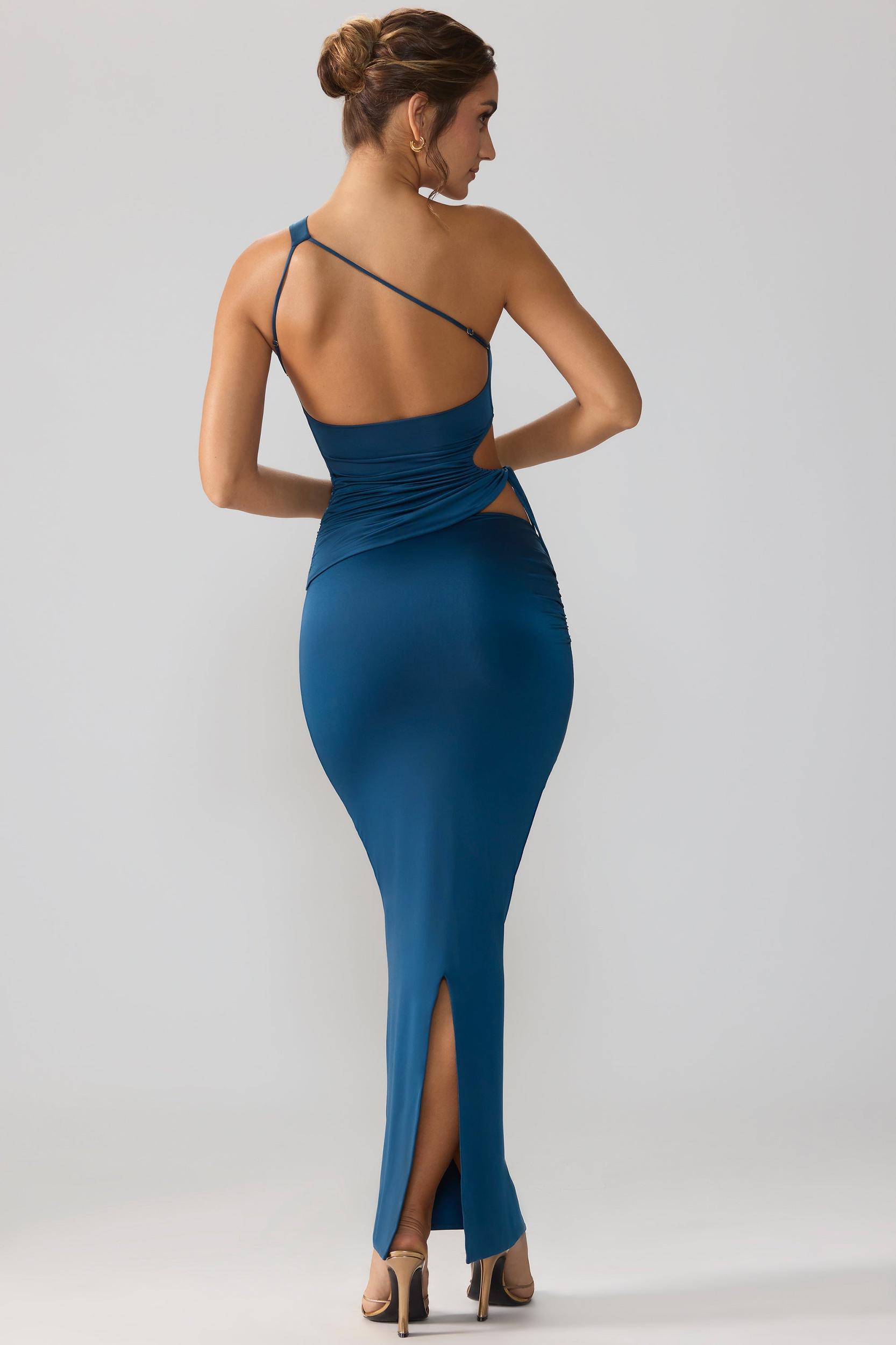 Slinky Jersey Asymmetric Waist Maxi Skirt in Midnight Blue Product Image