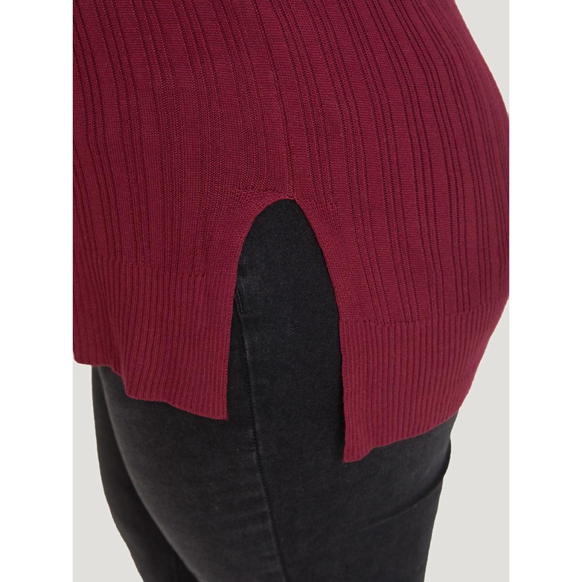Plus Size Supersoft Essentials Plain Rib Knit Split Side Pullover Burgundy Women Casual Bodycon Long Sleeve Round Neck Dailywear Pullovers BloomChic 18-20/2X Product Image