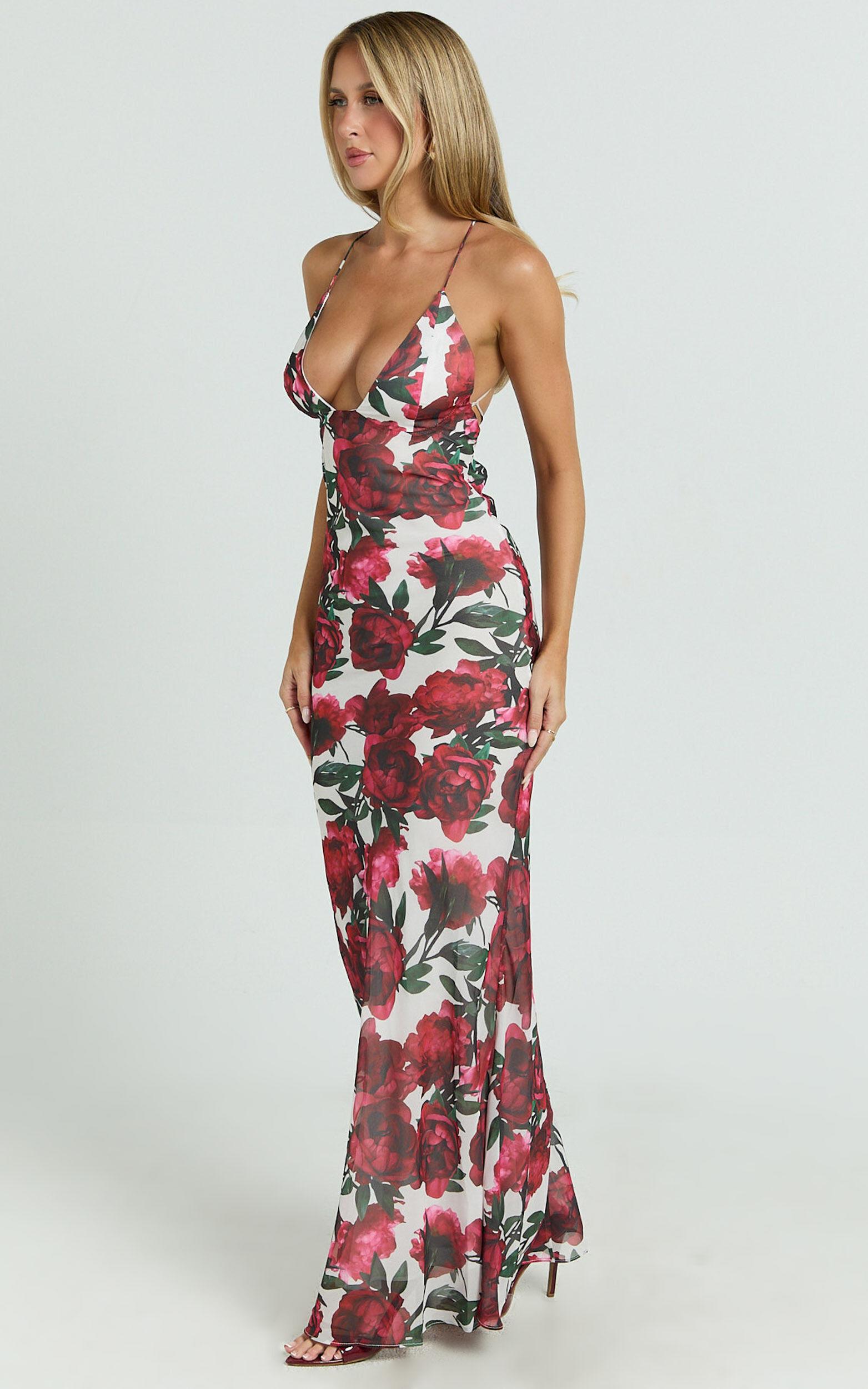 Lenny Maxi Dress - Bias Slip Lace Up Back Dress in Rose Blanca Floral Product Image