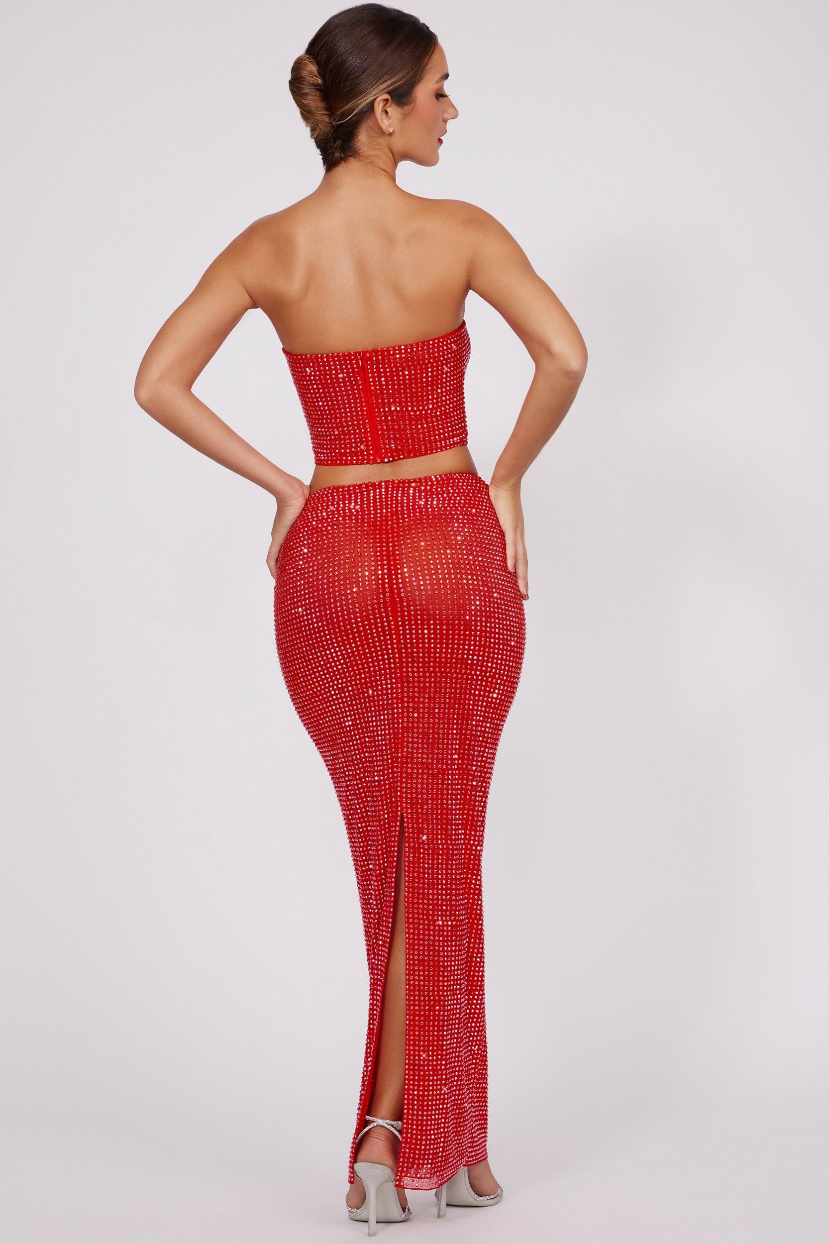 Embellished Mid Rise Maxi Skirt in Fire Red Product Image
