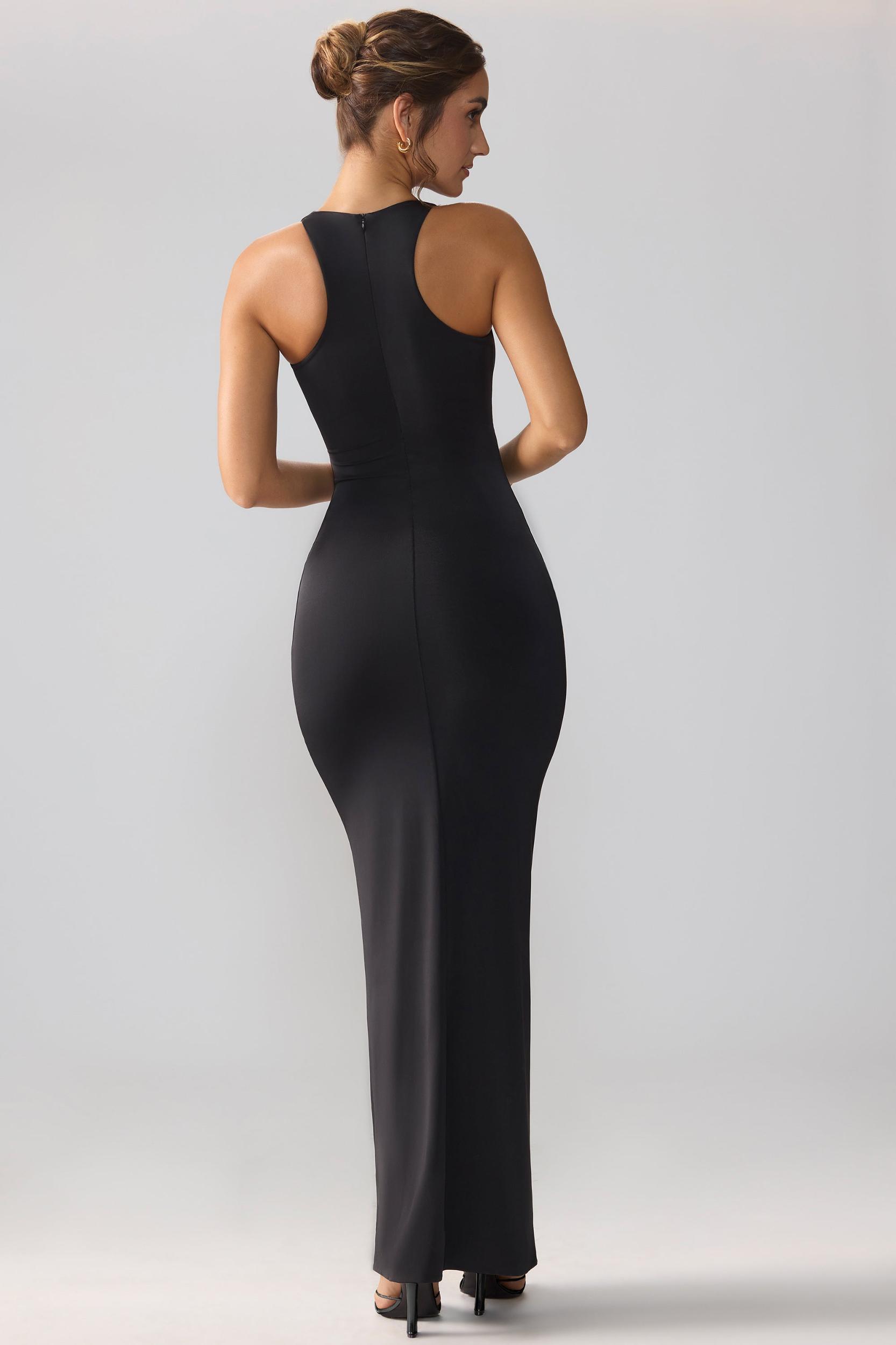Slinky Jersey Cut Out Ruffle Racerback Maxi Dress in Black Product Image