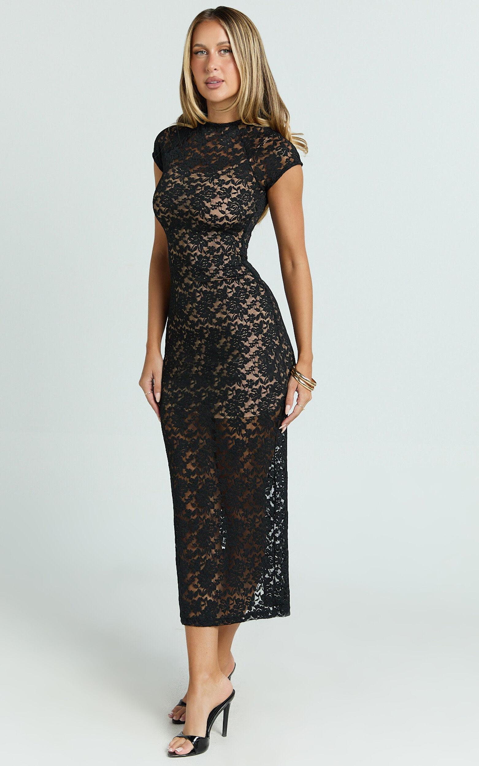 Emma Midi Dress - Lace Cap Sleeve Bodycon Dress in Black Product Image