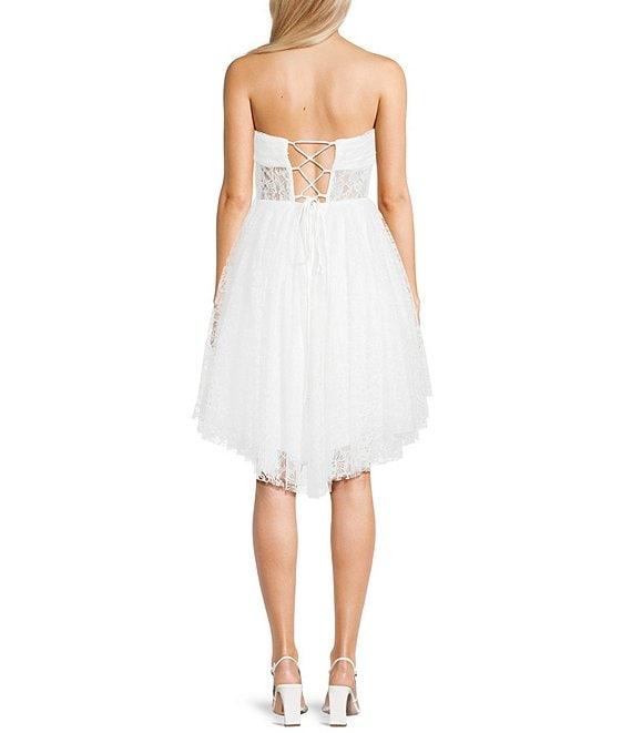 Pear Culture Lace Strapless Sweetheart Neck Corseted Hi-Low Hem Dress Product Image