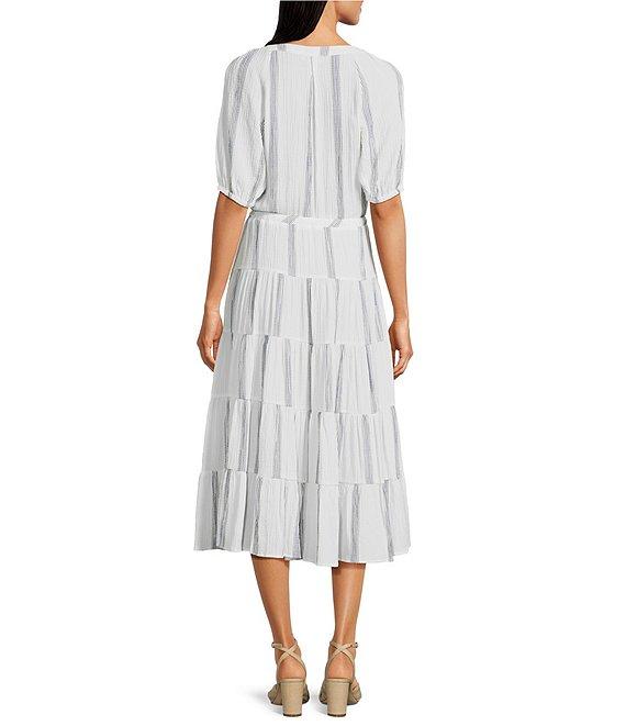 Calvin Klein Short Sleeve V-Neck Striped A-Line Midi Dress Product Image