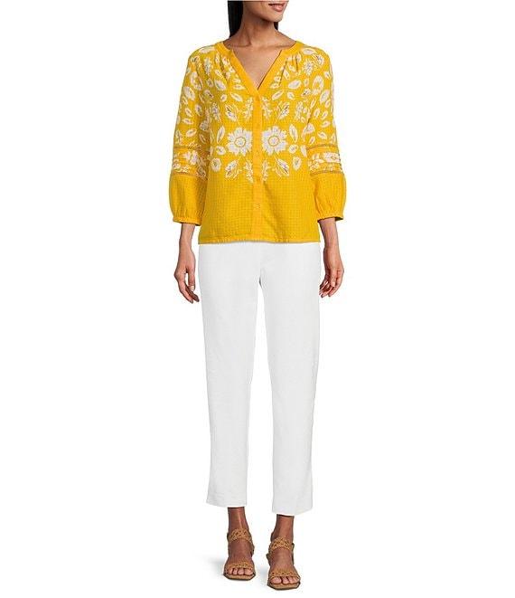 Investments Woven Medallion Floral 3/4 Sleeve Y-Neck Button Front Top Product Image