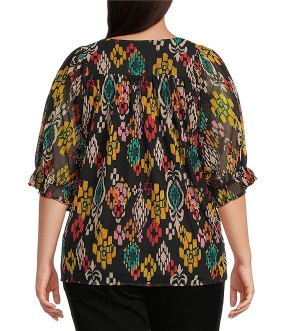 Calessa Plus Size Mesh Knit Abstract Ikat Print Square Neck Elbow Sleeve Tunic Product Image