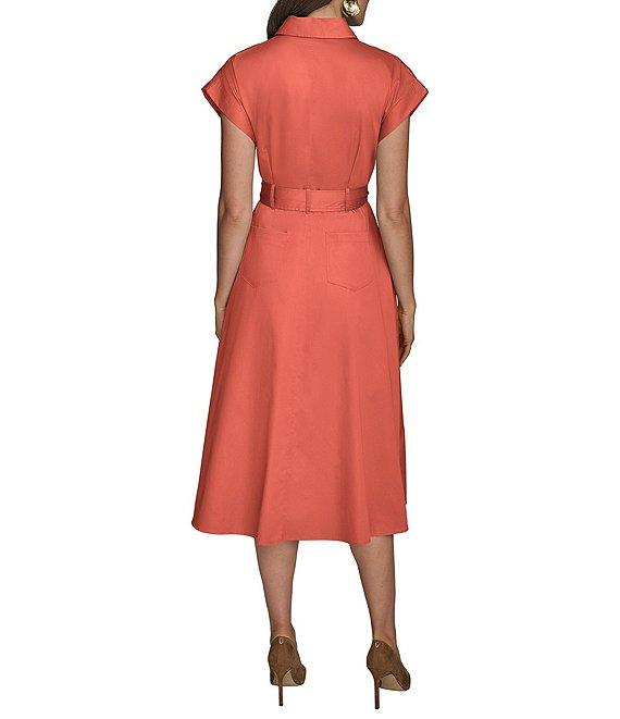 Donna Karan Cotton Sateen Collared Neck Short Sleeve Tie Sash Belt Midi Shirt Dress Product Image