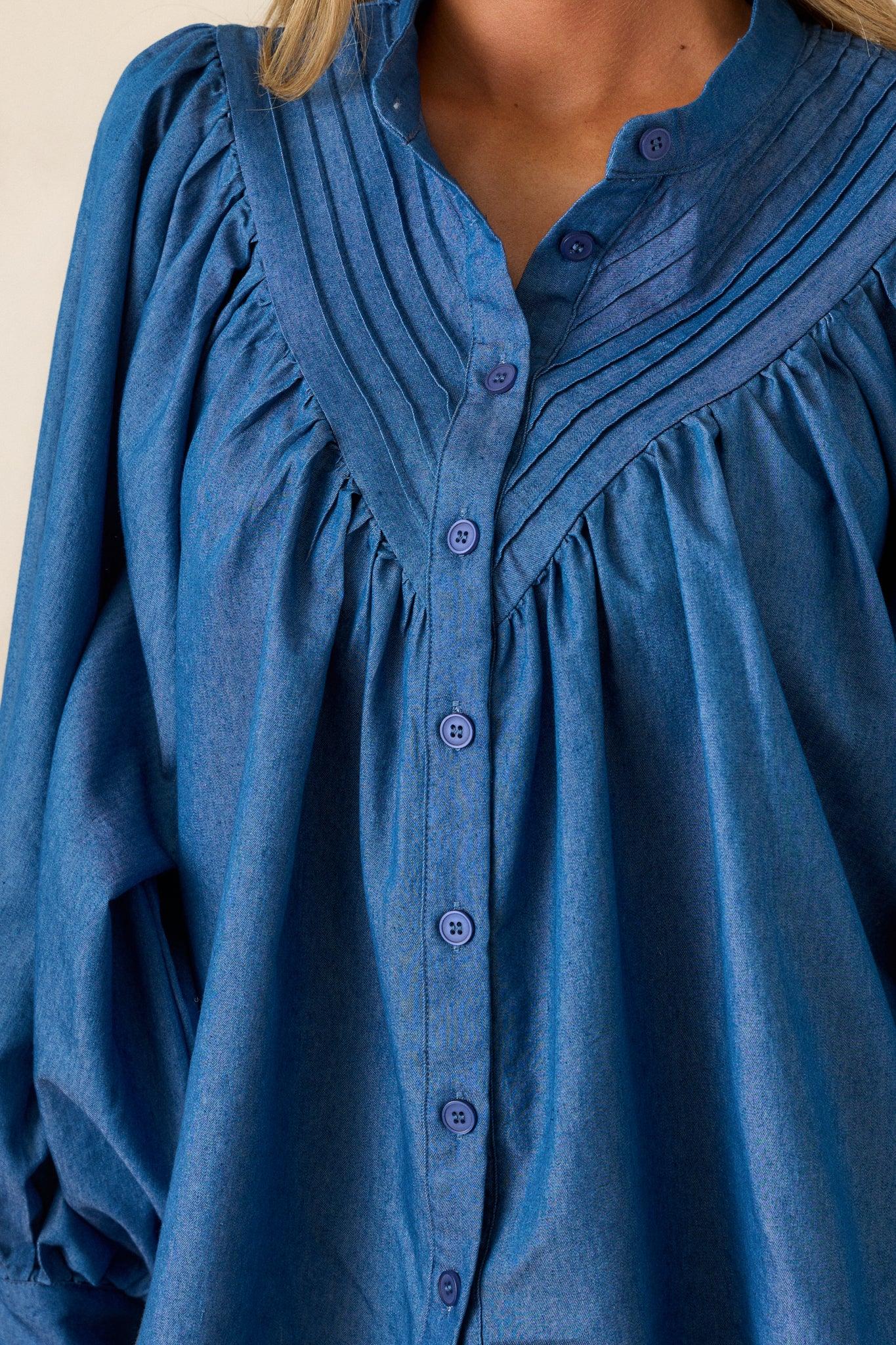 See What Happens Medium Wash Chambray Blouse Product Image