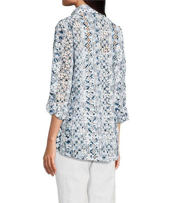 John Mark Allover Embroidered Eyelet Printed Point Collar Long Roll-Tab Sleeve Button Front Tunic Product Image