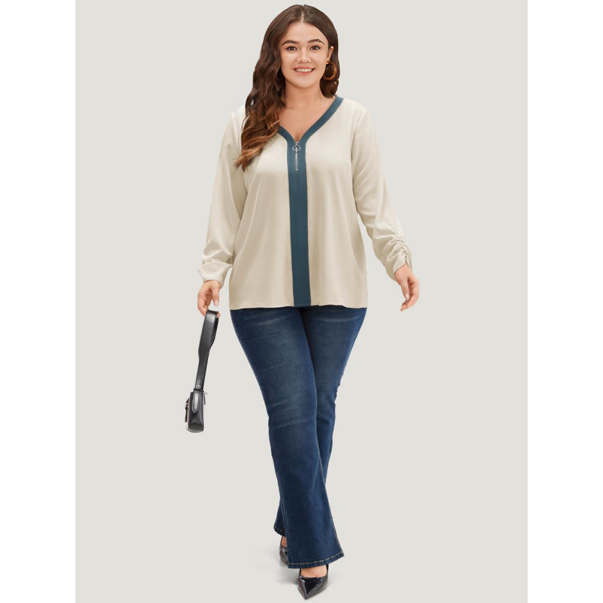Plus Size Ivory Anti-Wrinkle Half Zip Gathered Contrast Trim Blouse Women Office Long Sleeve V-neck Work Blouses BloomChic 14-16/1X Product Image