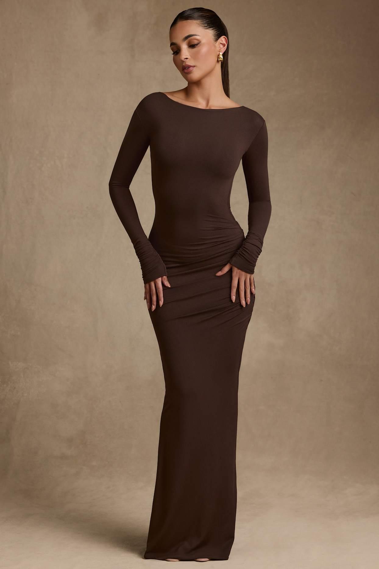 Modal Ruched Backless Maxi Dress in Chocolate Brown Product Image