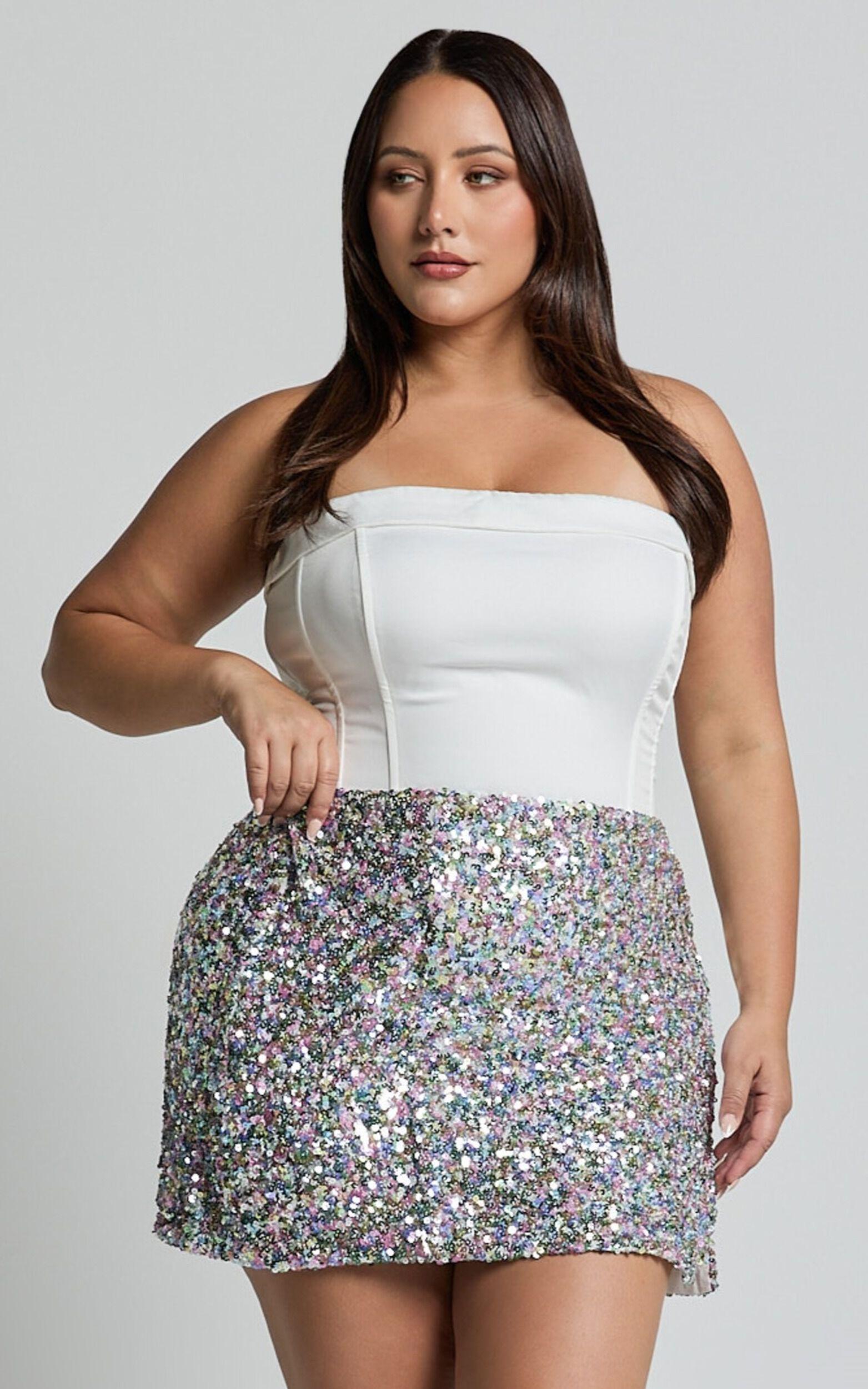 Ingrid Mini Skirt - Sequin Skirt in Rainbow Silver Product Image
