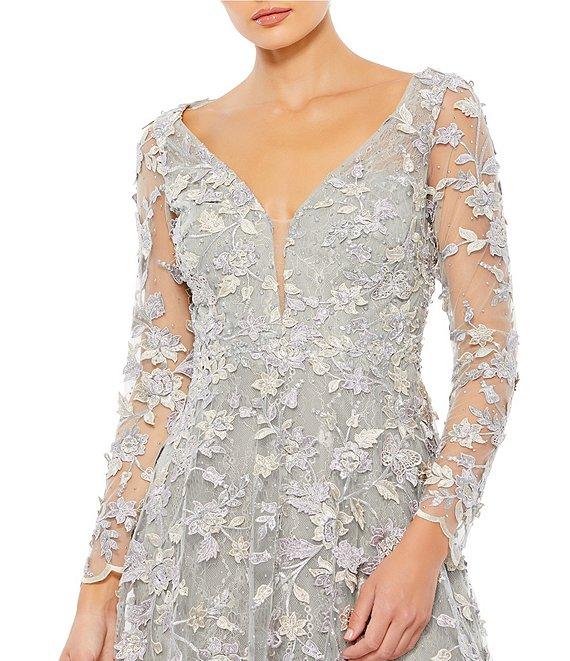 Mac Duggal Floral Applique Split V-Neck Illusion Long Sleeve Gown Product Image