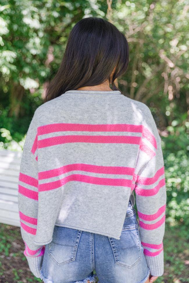 Sweet Affection Grey And Fuchsia Striped Notched Neck Sweater FINAL SALE Product Image
