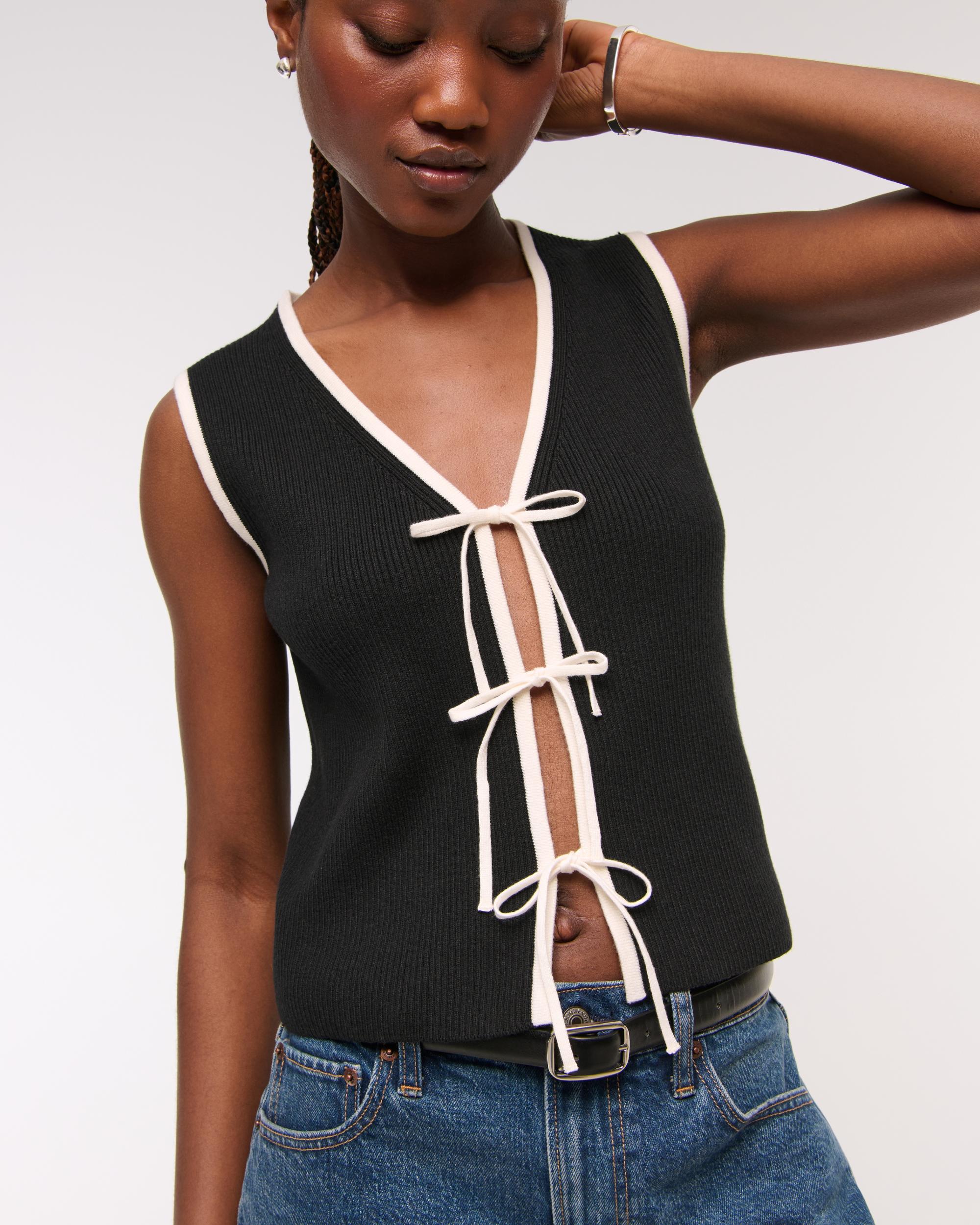 Tie-Front V-Neck Sweater Vest Product Image