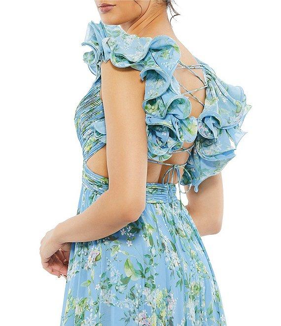 Mac Duggal Floral Chiffon V-Neck Sleeveless Ruffle Shoulder Side Cut-Out Gown Product Image