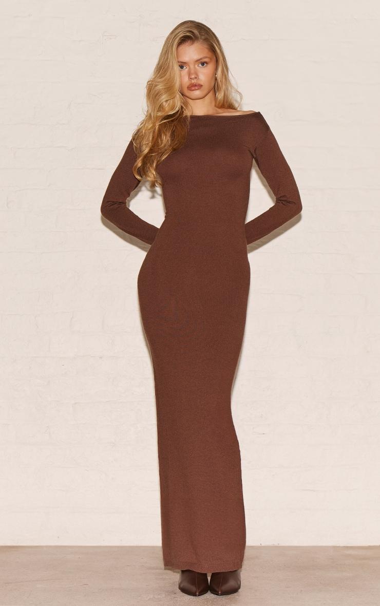 Chocolate Basic Knit Asymmetric Neckline Long Sleeve Maxi Dress Product Image