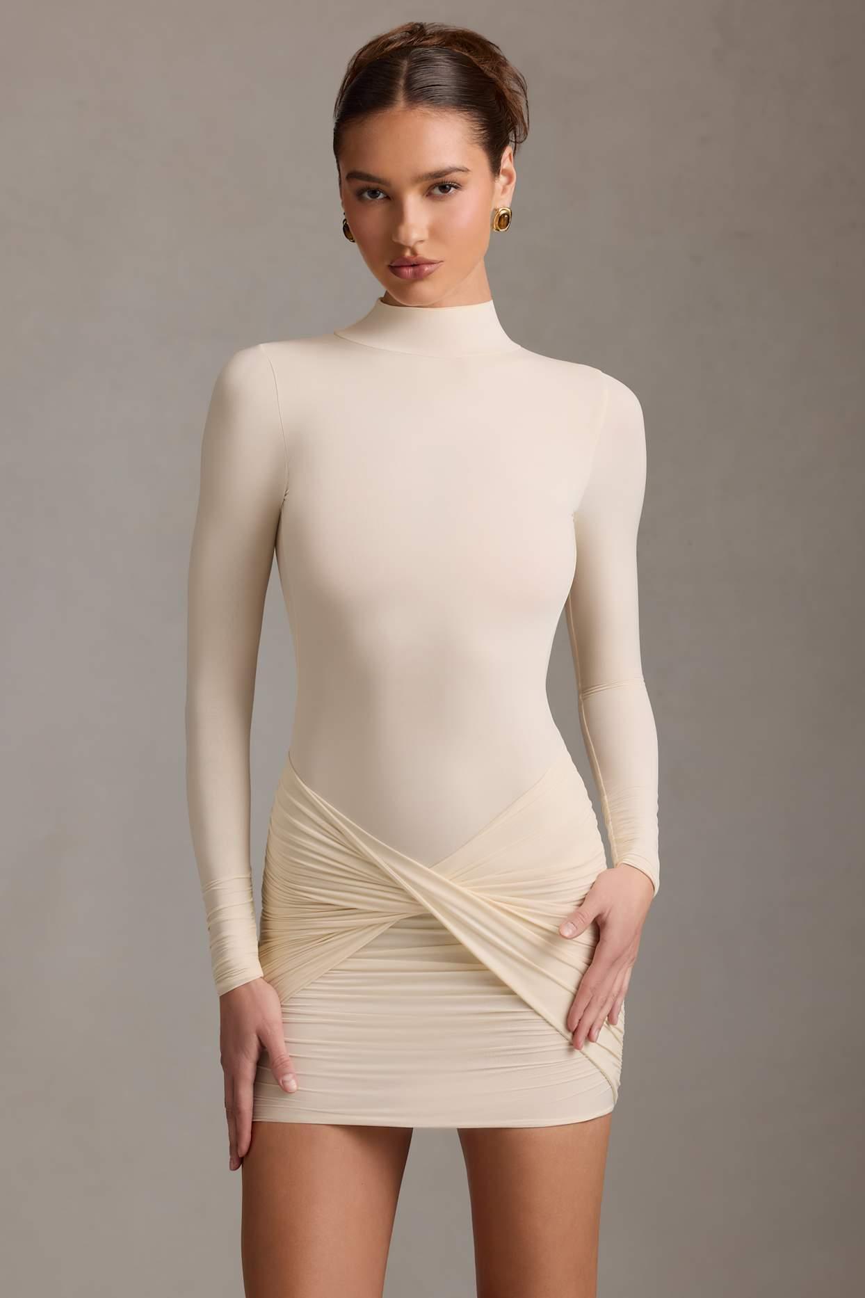 Ruched Backless Turtleneck Mini Dress in Ivory Product Image