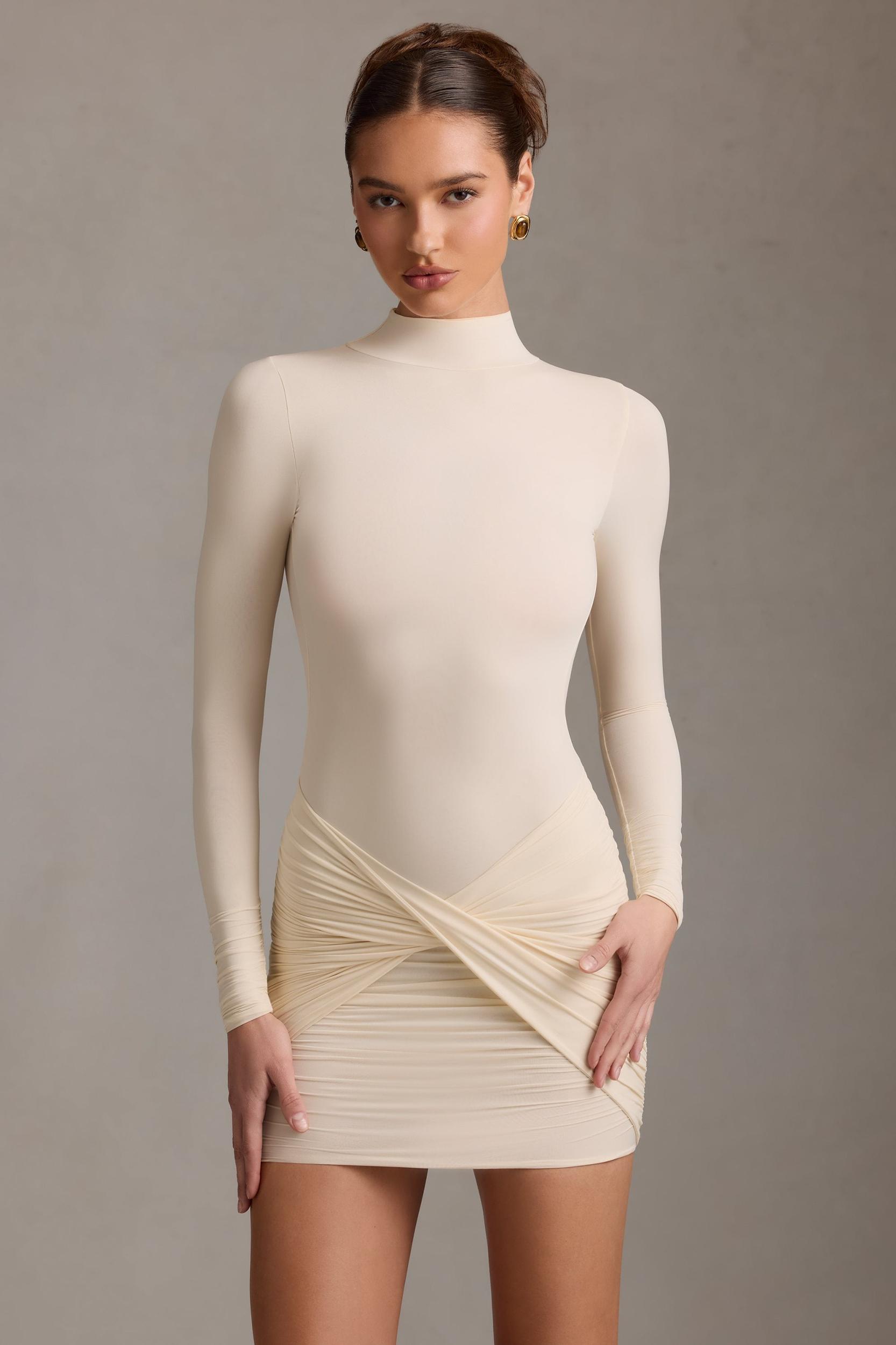Ruched Backless Turtleneck Mini Dress in Ivory Product Image