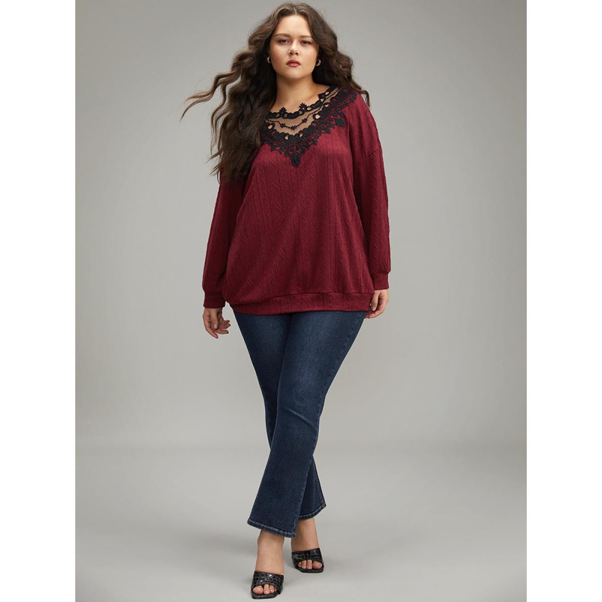 Plus Size Plain Textured Patchwork Lace Panel Sweatshirt Women Scarlet Elegant Elastic cuffs Round Neck Everyday Sweatshirts BloomChic 18-20/2X Product Image