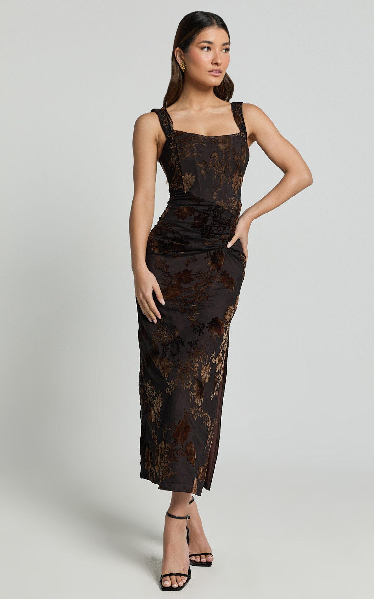 Karlene Midi Dress - Ruched Corset Burnout Dress in Black and Brown Product Image