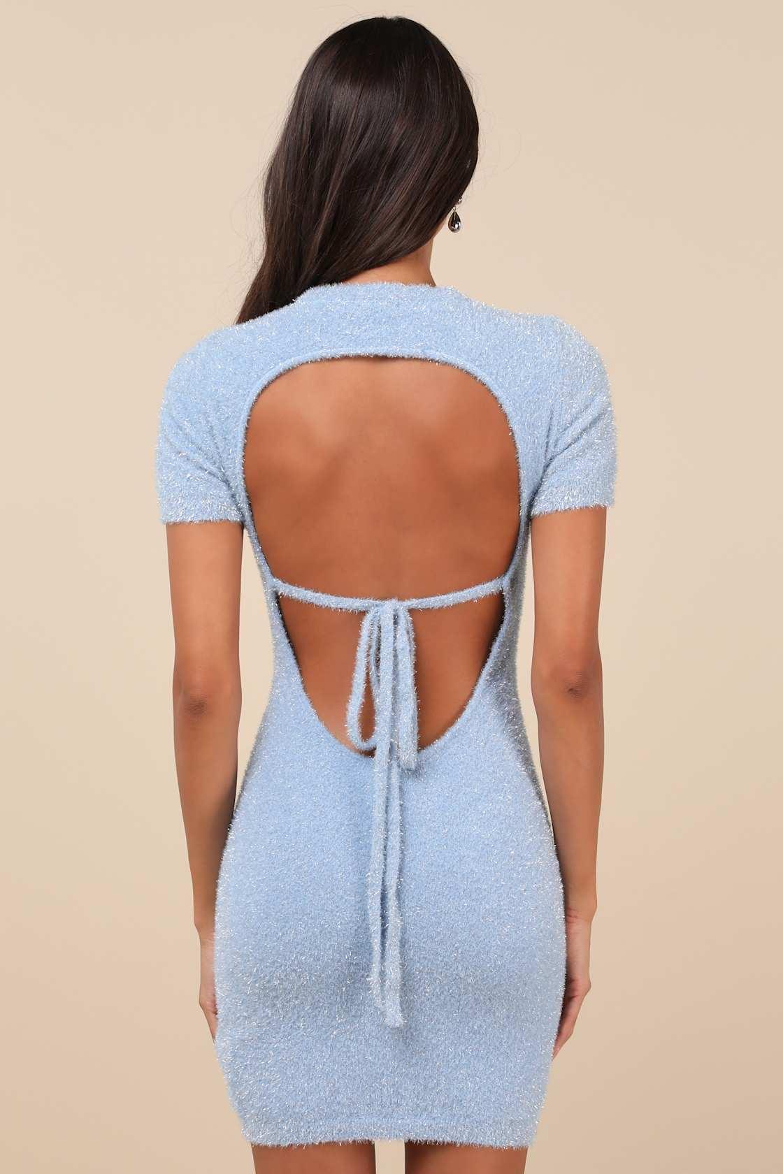 Signature Shimmer Light Blue Lurex Cutout Sweater Mini Dress Product Image
