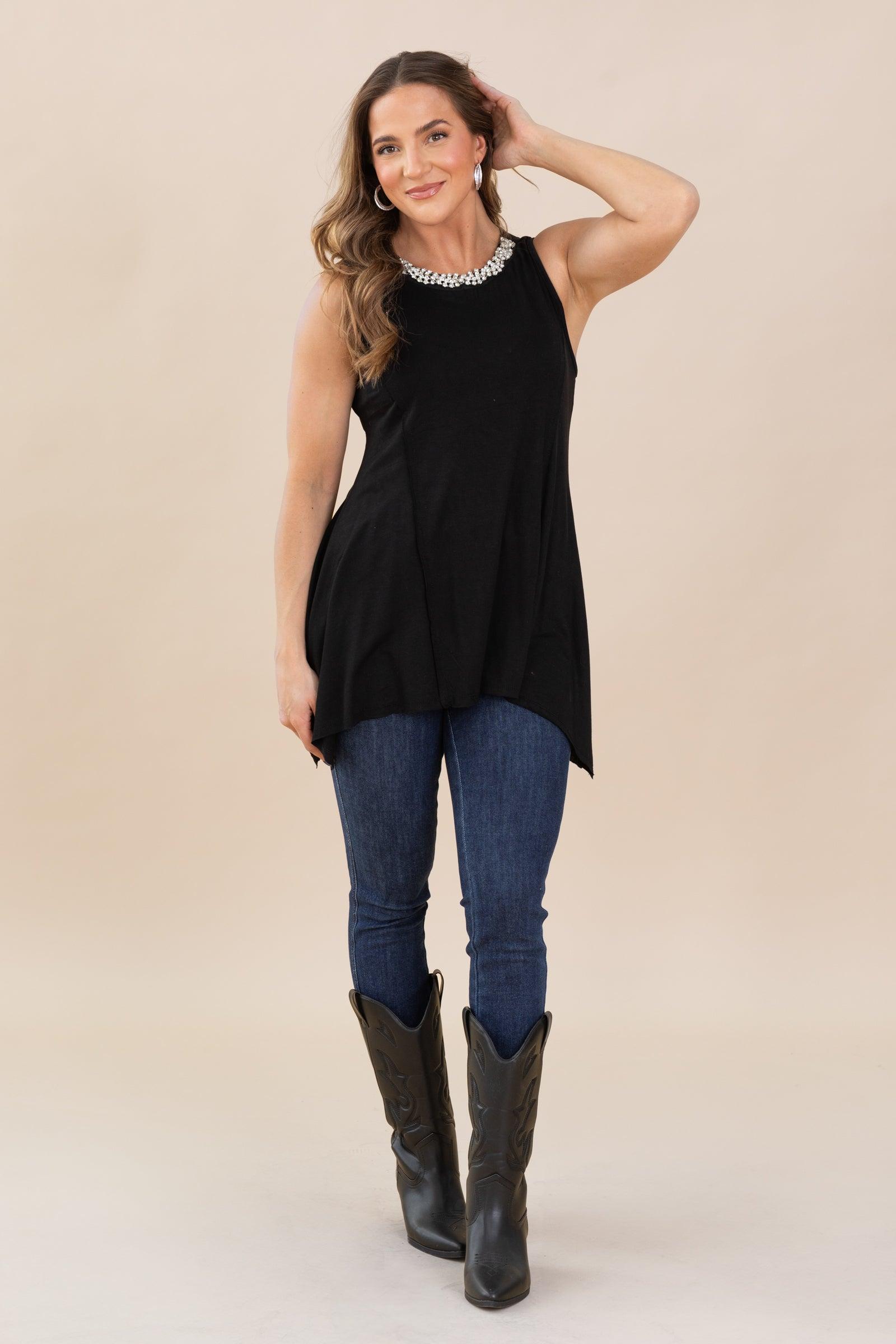 Black Neck Stone Patched Knit Top Product Image