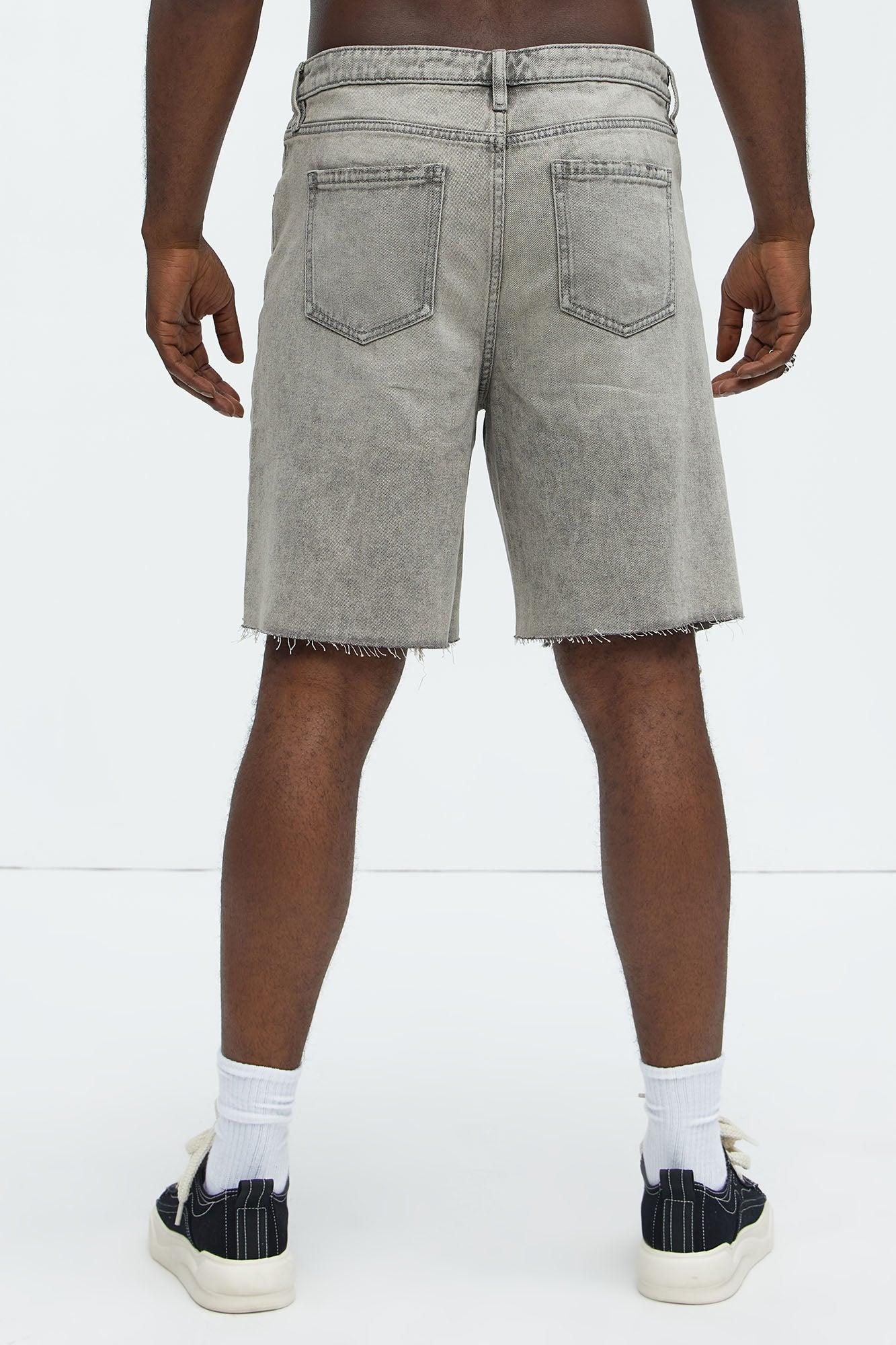 Relaxed Raw Hem Distressed Denim Shorts - Grey/Smoke Product Image