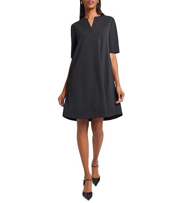 Ming Wang Stretch Crepe Split V-Neck Short Sleeve A-Line Dress Product Image