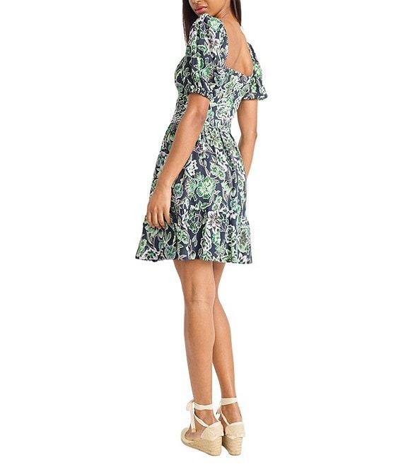 The Good Journey V-Neck Short Sleeve Floral Printed Challis Flounce Hem A-Line Dress Product Image