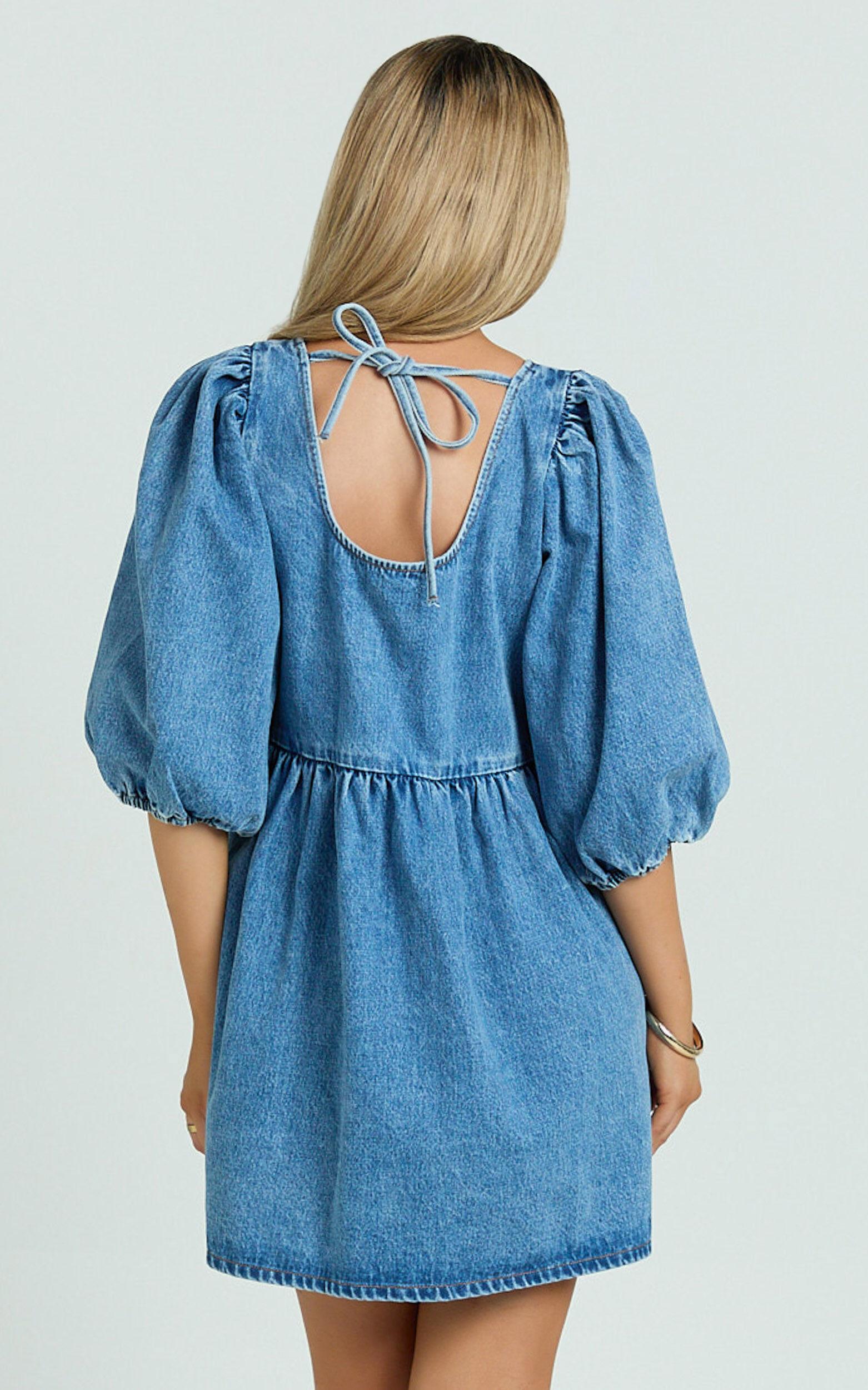 Shailene Mini Dress - Tie Front Puff Sleeve Recycled Denim Dress in Mid Blue Wash Product Image