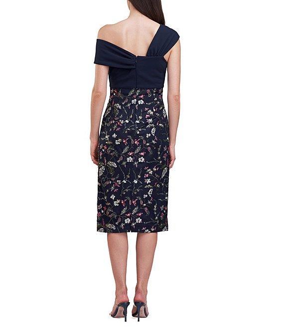 JS Collections Floral Pattern Embroidered Mesh One Shoulder Short Sleeve Asymmetrical Twit Sheath Midi Dress Product Image