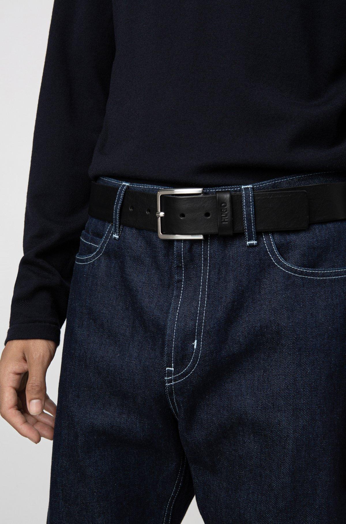Grainy embossed-leather belt with brushed metal hardware Product Image